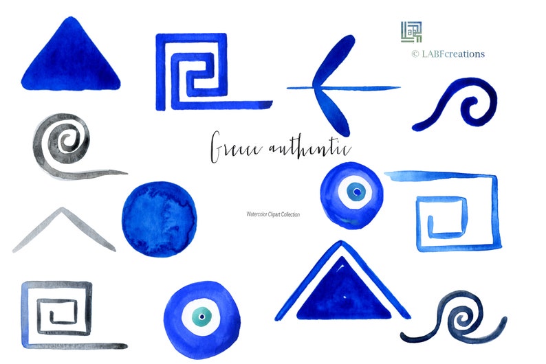 May include: A set of watercolor clipart illustrations in blue and gray, featuring Greek symbols and designs. The designs include a spiral, a circle, a triangle, a square, a maze, an arrow, and an evil eye.