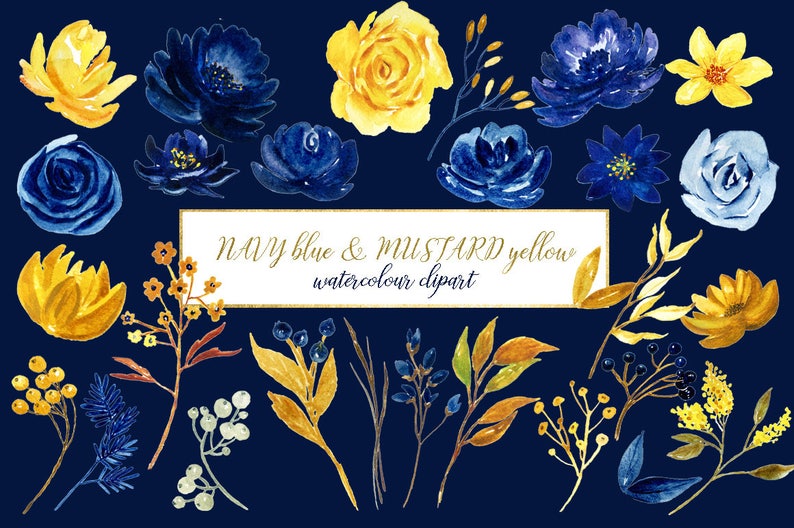 Navy blue & mustard yellow flowers. Watercolor clipart ...