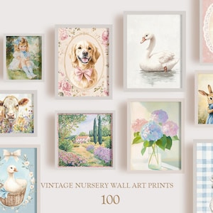 Vintage Nursery Print Collection. Vintage digital print  Wall art set of 100 Nursery Kids Room Wall Art Prints. Digital Printable Art