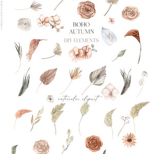 Puede incluir: Clipart de acuarela de varios elementos botánicos con temática otoñal. La imagen presenta rosas, orquídeas, hojas y otros elementos florales en tonos marrón, beige y melocotón. El texto dice "BOHO AUTUMN DIY ELEMENTS" y "watercolor clipart".