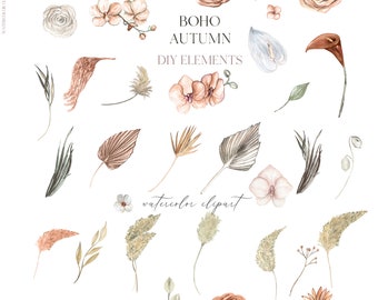 May include: Watercolor clipart of various autumn-themed botanical elements. The image features roses, orchids, leaves, and other floral elements in shades of brown, beige, and peach. Text reads "BOHO AUTUMN DIY ELEMENTS" and "watercolor clipart".
