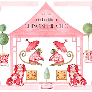Red Chinoiserie Chic Topiary | Watercolor Clipart | Chinoiserie Print |  Monkey Staffordshire Dogs Pagoda