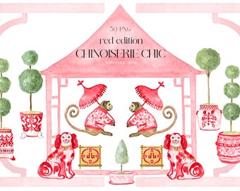 Red Chinoiserie Chic Topiary | Watercolor Clipart | Chinoiserie Print |  Monkey Staffordshire Dogs Pagoda