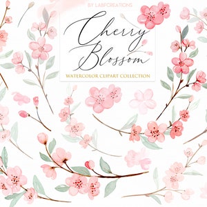 Kirschenblüte. Kirschzweige. Aquarell Blumen Clipart, frisch, rosa, Blumen, Frühling, Braut, Zweig, zart, Garten, Mädchen Hochzeit