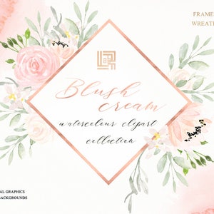 Peut inclure: Collection de cliparts aquarelle aux tons blush et crème. Le design présente un cadre en forme de losange avec des éléments floraux, dont des roses et du feuillage. Le texte comprend "Blush cream" et "watercolour clipart collection".