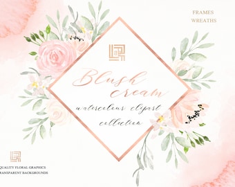 Blush cream watercolour flowers clipart, hand drawn: FRAMES, wreaths. Soft  blush pink and peach colors. Peonies.