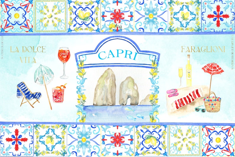 Capri Italy Wedding Watercolor clipart. Lemons and Blue Tiles Mediterranean image 8