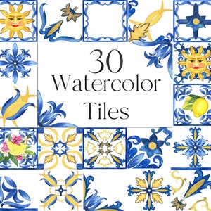 Blue Tiles Lemons Bougainvillea. Watercolor Clipart. Mediterranean tiles.