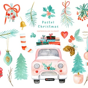 Pastel Christmas Christmas Clipart Watercolor Holiday Clip Art Winter clipart New Year clipart Mistletoe Vintage car image 1