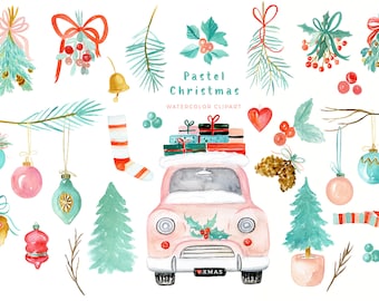 Pastell Weihnachten | Weihnachten Clipart | Aquarell Urlaub Clip Art | Winter Clipart | Neujahr Clipart | Mistelzweig | Vintage Auto
