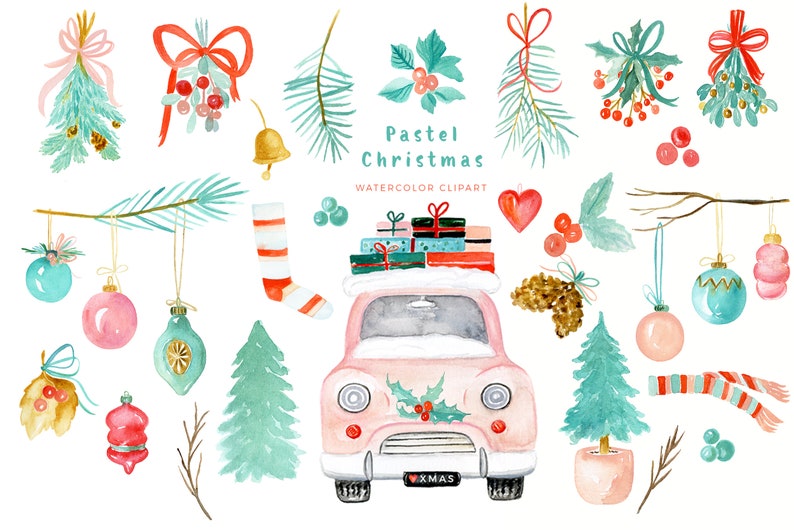 Pastel Christmas Christmas Clipart Watercolor Holiday Clip Art Winter clipart New Year clipart Mistletoe Vintage car image 1