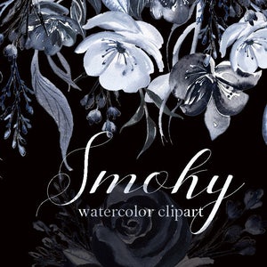 Smoky. Black grey watercolor flowers and branches.  Hand drawn watercolor clipart. Wedding black and white.