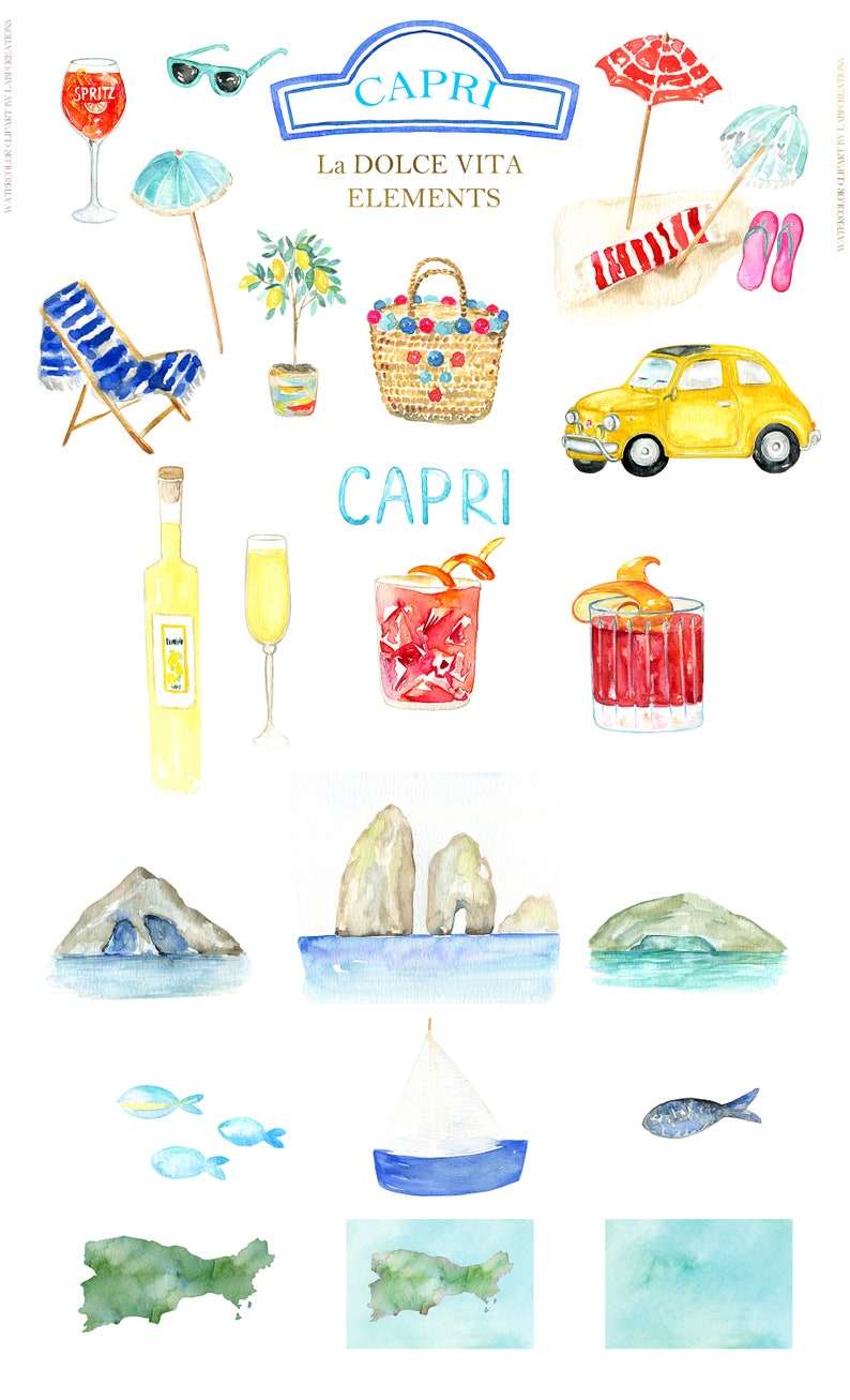 Capri Italy Wedding Watercolor clipart. Lemons and Blue Tiles Mediterranean image 7