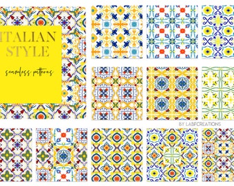 Seamless patterns. Italian Majolica Tiles. - Watercolor Mediterranean Tiles, Greek, Moroccan Tiles. Watercolor clipart. Wedding clip art.