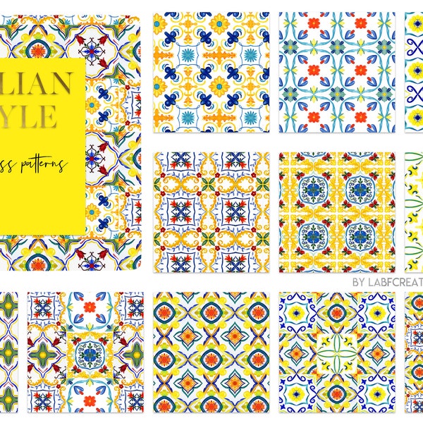 Seamless patterns. Italian Majolica Tiles. - Watercolor Mediterranean Tiles, Greek, Moroccan Tiles. Watercolor clipart. Wedding clip art.