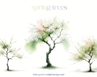 Spring Cherry trees PNG. Watercolor clipart. Digital PNG