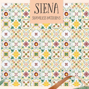 Watercolor Tiles Seamless Patterns,  Siena Italy.  Fine art Wedding. Watercolor Clipart. Mediterranean tiles digital paper