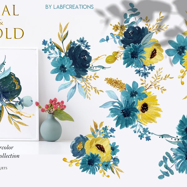 Teal and Gold Watercolor Floral Bouquets.  Watercolor clip art. Mint and gold  floral arrangements. Green blue and gold wedding.