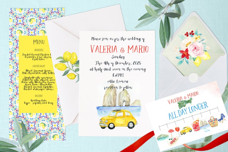 Capri Italy Wedding Watercolor clipart. Lemons and Blue Tiles Mediterranean image 3