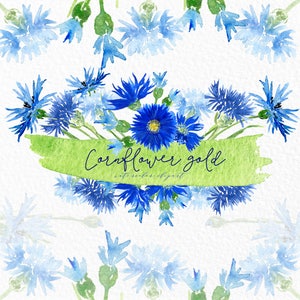 Clipart dipinte a mano con ghirlande di fiordalisi e oro. Acquerello. Colori romantici, fiori viola, blu tenui, loghi,