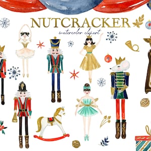 Peut inclure: Une collection d'illustrations à l'aquarelle représentant des casse-noisettes, des danseurs de ballet, un cheval à bascule, une horloge grand-père et des cadeaux. Le texte NUTCRACKER watercolor clipart est centré, encadré par des rideaux bleus.