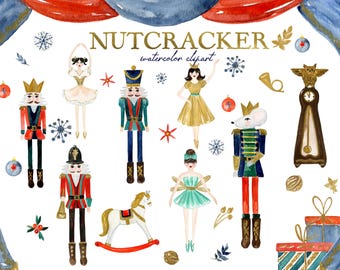 Può includere: Una collezione di illustrazioni ad acquerello con figure di schiaccianoci, ballerini, un cavallo a dondolo, un orologio a pendolo e scatole regalo. Il testo NUTCRACKER watercolor clipart è centrato in alto, incorniciato da tende blu.