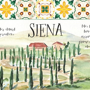Folk-Fliesen, Siena-Aquarellfliesen. Kunsthochzeit. Aquarell Clipart. Mediterrane Fliesen. Vollständige Sammlung italienischer Landschaften