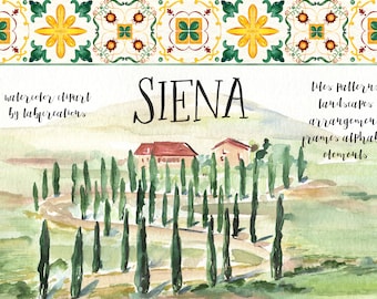Può includere: Dipinto ad acquerello di un paesaggio toscano con cipressi, una strada e due case. Il testo "SIENA" è scritto in nero sopra la scena. Il testo "tiles patterns landscapes arrangements frames alphabet elements" è scritto in nero sul lato destro dell'immagine.