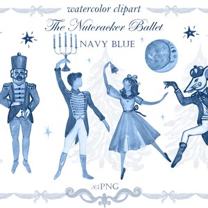 Peut inclure: Clipart aquarelle de personnages du ballet Casse-Noisette en bleu marine. Les personnages incluent un soldat, une ballerine et un roi des souris. L'image comprend également une horloge, des étoiles et une lune croissante.