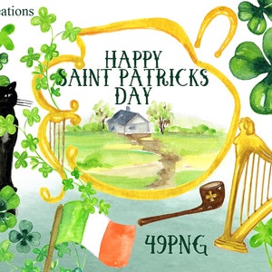 May include: A watercolor illustration of a black cat, a harp, a pipe, a shamrock, and an Irish flag. The illustration is set against a green background with the text "Happy Saint Patricks Day" in a gold frame.