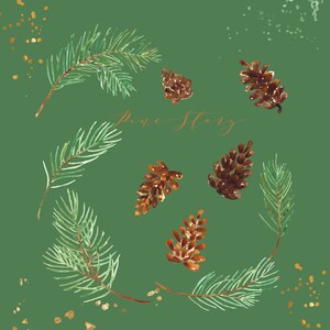 May include: Watercolor illustration of pine branches and pine cones on a green background with gold glitter. The text "Pine Story" is written in cursive in gold.