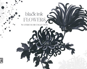 Black Ink Flowers Watercolor Clipart. Full collection  Hand drawn watercolor clipart. Wedding black Flowers.