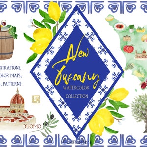 Italienisches Essen, Aquarellgebäude, Dom, Ponte Veccio, Zitrone, Oliven. Aquarell-Clipart. Hochzeitskarte. Toskana.