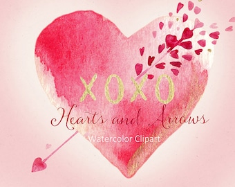 Hearts and arrows floral Watercolor clipart , clipart hand drawn.  Valentines day clip art. Love clipart.