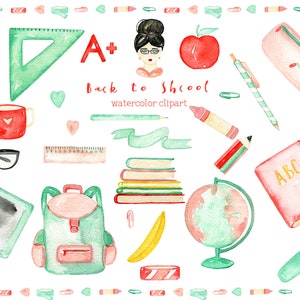 Watercolor School Clipart - Back to School Clipart - Instant Download - Globe - Backpack - Stack of Books – Chalkboard- Ruler
