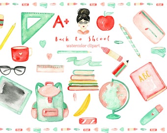 Aquarell Schule Clipart - Zurück zur Schule Clipart - Sofort Download - Globus - Rucksack - Stapel Bücher – Tafel - Lineal