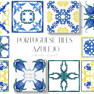 Watercolor Tiles -Portuguese Tiles Azulejo - Watercolor Mediterranean, Italian,  Greek, Moroccan Tiles. Watercolor clipart. Wedding clip art
