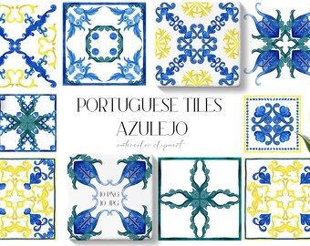 Watercolor Tiles -Portuguese Tiles Azulejo - Watercolor Mediterranean, Italian,  Greek, Moroccan Tiles. Watercolor clipart. Wedding clip art