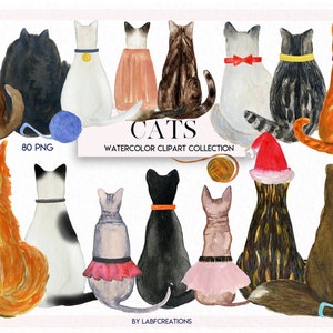 Cat watercolor clipart,  accessories for cats, backs of cats, print creator.  Cat breeds Pet clip art. Cat lovers gift.