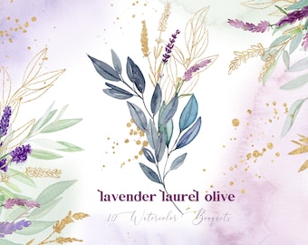 Lavender Laurel Olive Gold/ Watercolor Bouquets. Watercolor Clipart. Provence flowers. Mediterranean. Purple Flowers.