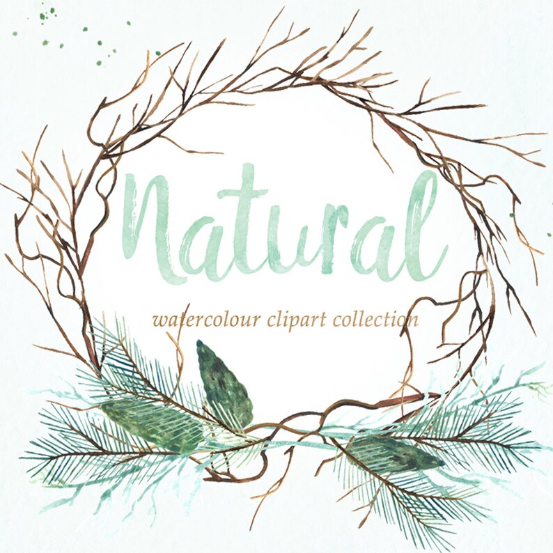 Natural winter forest PINE watercolor Clipart Winter watercolor, mint green, branches, wedding invitation, wreath and arrangements, wood. image 2