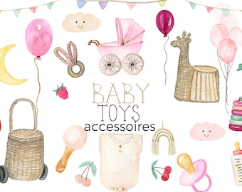 Può includere: Un set di illustrazioni ad acquerello di giocattoli e accessori per bambini, tra cui un passeggino rosa, un giocattolo giraffa, un sonaglio, un ciuccio, un biberon, un giocattolo ad anelli impilabili, un cestino, una luna, una nuvola, un arcobaleno, un coniglietto, palloncini e ciliegie. Il testo "BABY TOYS accessoires" è scritto al centro dell'immagine.