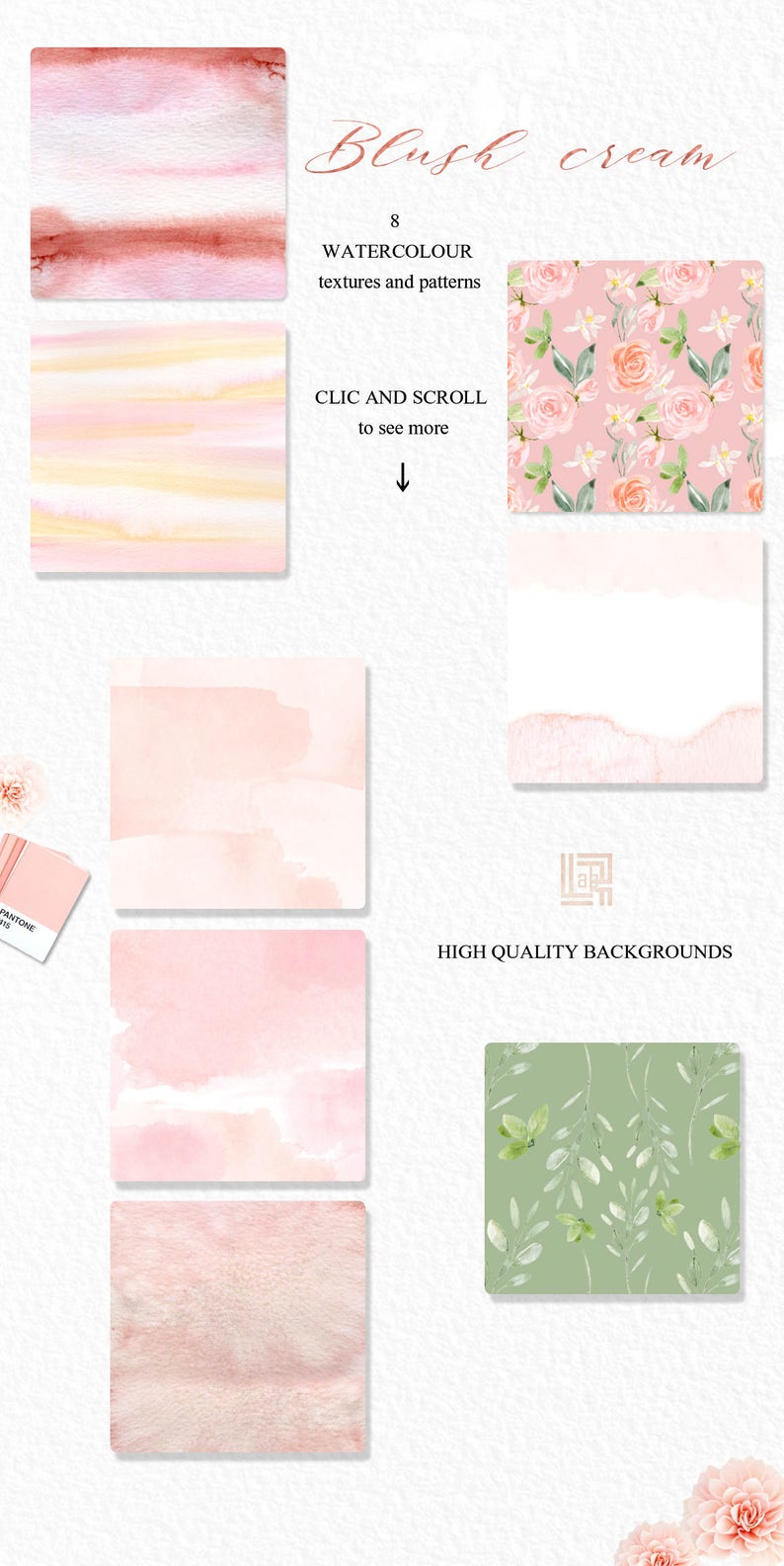 Blush cream watercolour flowers clipart, hand drawn: Elements, textures, patterns, washes. Soft blush pink and peach colors. Peonies. image 4