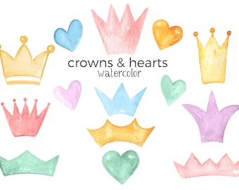 May include: Watercolor illustrations of crowns and hearts in various colors, including pink, blue, yellow, green, and purple. The text "crowns & hearts watercolor" is written in black.