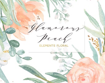 Blush pink, peach and mint green palette Digital clipart. Soft pink elements floral. Wedding flowers. Peonies, roses eucalyptus