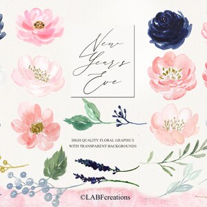 New Year&#39;s Eve 2023. ELEMENTS. Watercolor clipart. Navy blue, blush pink and gold watercolor flowers. Hand drawn watercolor clipart.