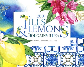 Blue Tiles,  Watercolor Lemons Bougainvillea. Watercolor Clipart. Mediterranean tiles.  Full Collection