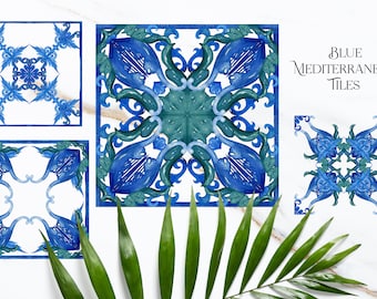 Watercolor Tiles -Blue Mediterranean Tiles - Watercolor Italian,  Greek, Moroccan Tiles. Watercolor clipart. Wedding clip art.