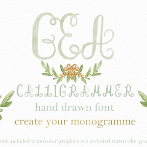 May include: A watercolor illustration of the letters "GEH" in a cursive font with a green and white color scheme. The letters are surrounded by a wreath of green leaves and small orange flowers. The text "C H L L I G R A M M E R hand drawn font create your monogramme" is below the letters.