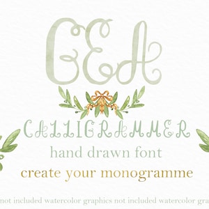 Calligrammer. Monogram Vintage hand lettered script font. Hand drawn with watercolors. Monogram for wedding crest, chic, vintage.